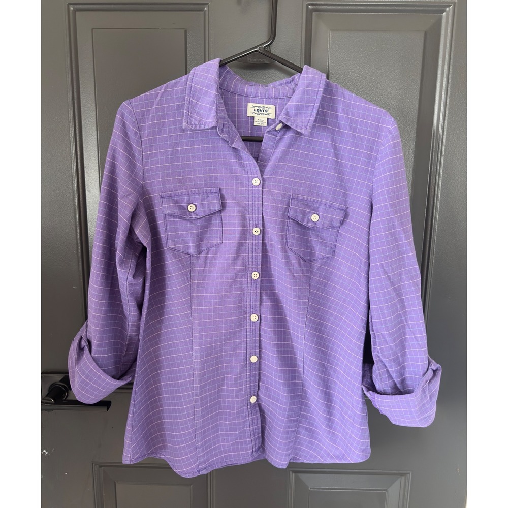 Levis Womens Purple Check Plaid Button Down Roll Tab Sleeve Cotton Shirt‎ Medium